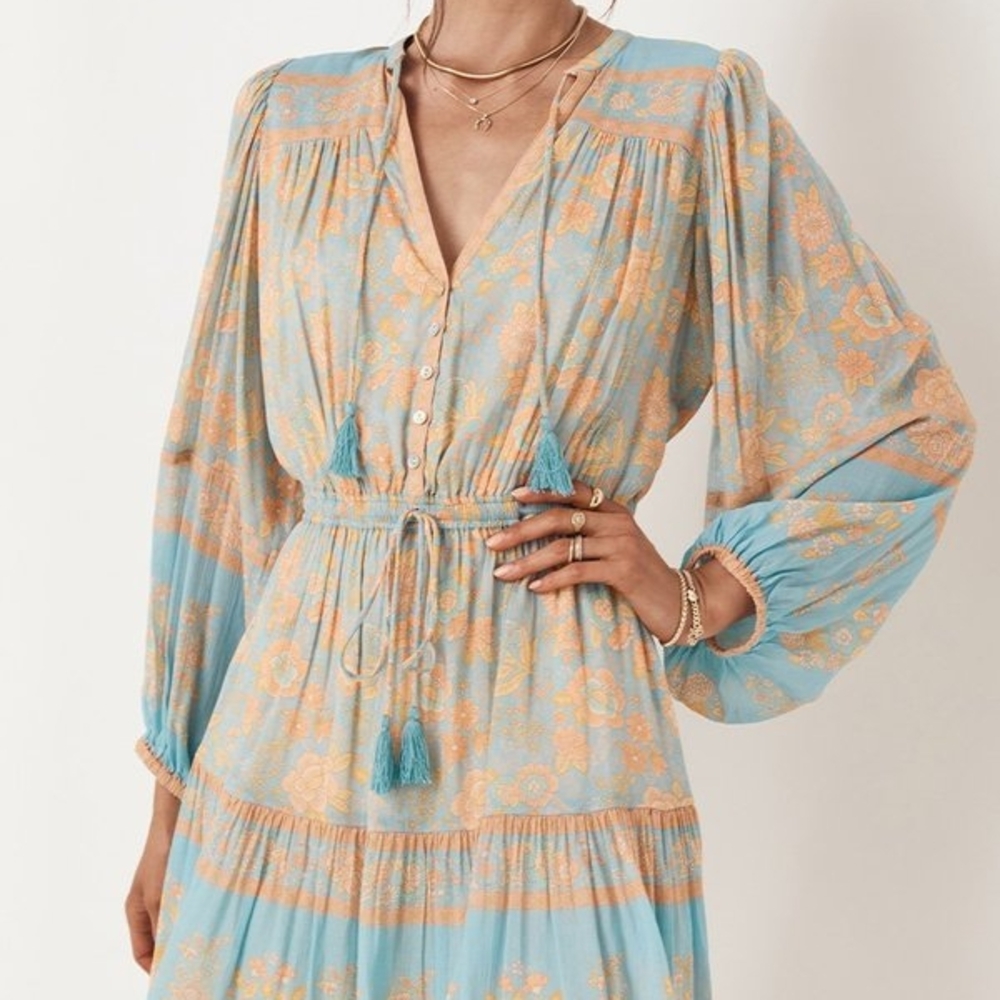 Spell Long Sleeve Floral Dress in Blue and Orange